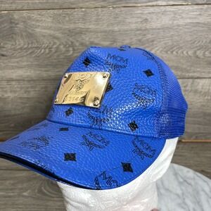MCM Munchen Trucker Hat Cap Blue One Size Mesh Leather Metalltic Heavy S3146